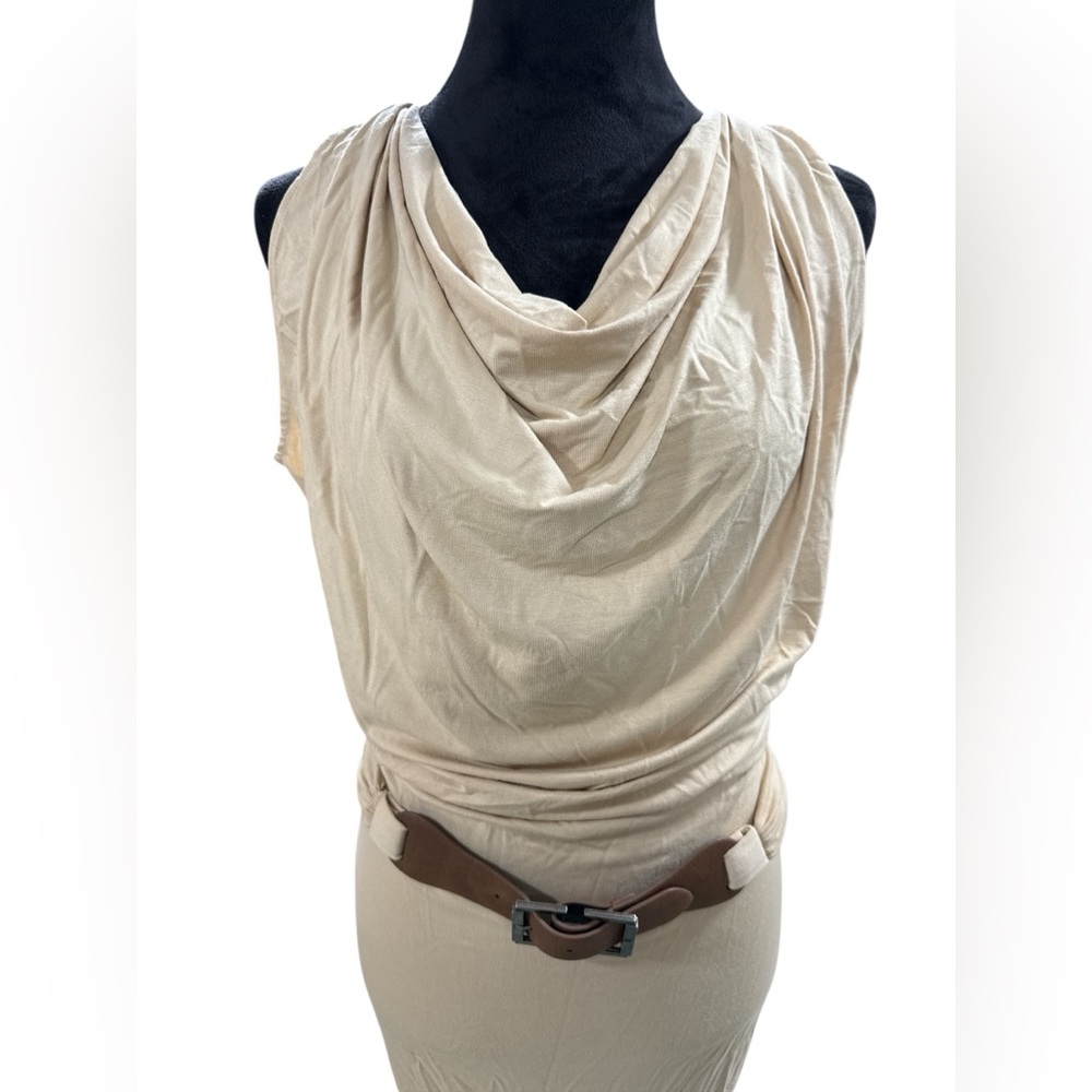 Boston Proper Draped Cowl Neck Ruched Sheath‎ Dress Belted Beige Size 2 Resort - Picture 3 of 11